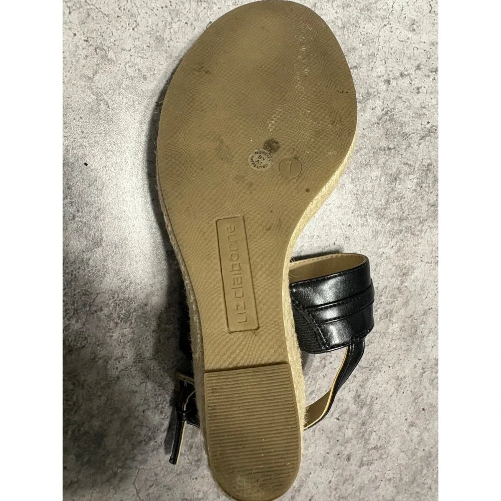 Liz Claiborne LC Amaro Black Espadrille Wedge Sandals Gold Link Accent Womens 7M